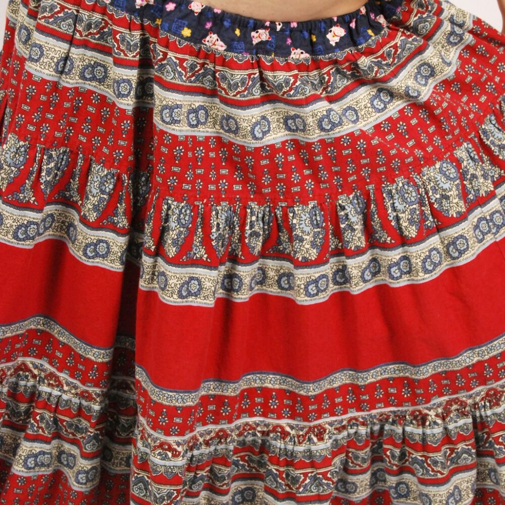 70s Peasant Midi Skirt (M) medium red blue vintage floral print boho hippie cute - Picture 5 of 7